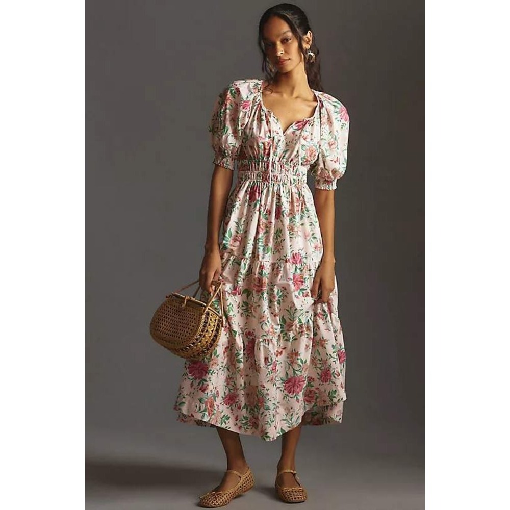 Anthropologie Somerset Maxi Dress Floral Puff Sleeve Pink Multi Smocked Tiered